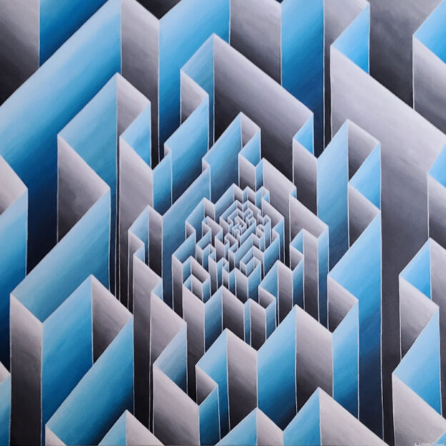 Blue and gray maze, acrylic on canvas, 3'×3'