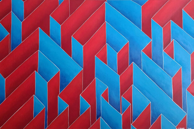 Red and blue maze, acrylic on canvas, 3'×2'