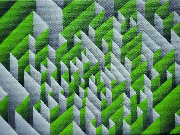 Little green and gray maze, acrylic on canvas, 7"×5"