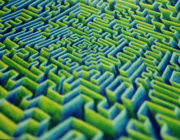 Blue and green maze, colored pencil on watercolor paper, 8"×10"