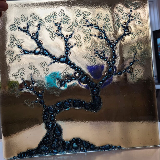 Blue and bronze bristlecone, fused glass, 6"×6"